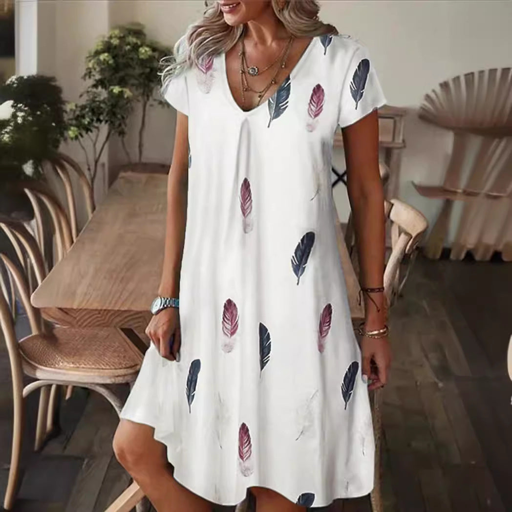 Summer Plus Size Women's V Neck Loose Printed Short Sleeve Dress - Casual Pullover Fashion